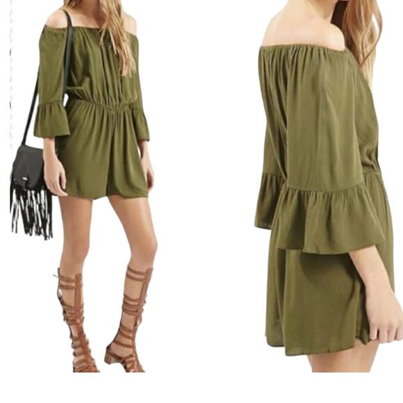 2 For $5 Sale Top Shop Off Shoulder  Olive Green  Romper Size 2 - Picture 1 of 7